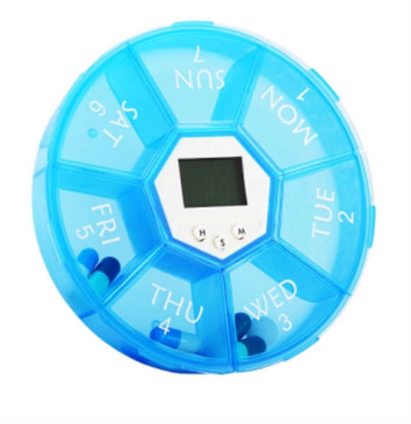 Dispensador de Pastillas con Timer, en PP,  tamaño 11 x 11 x 2.5 cmts,