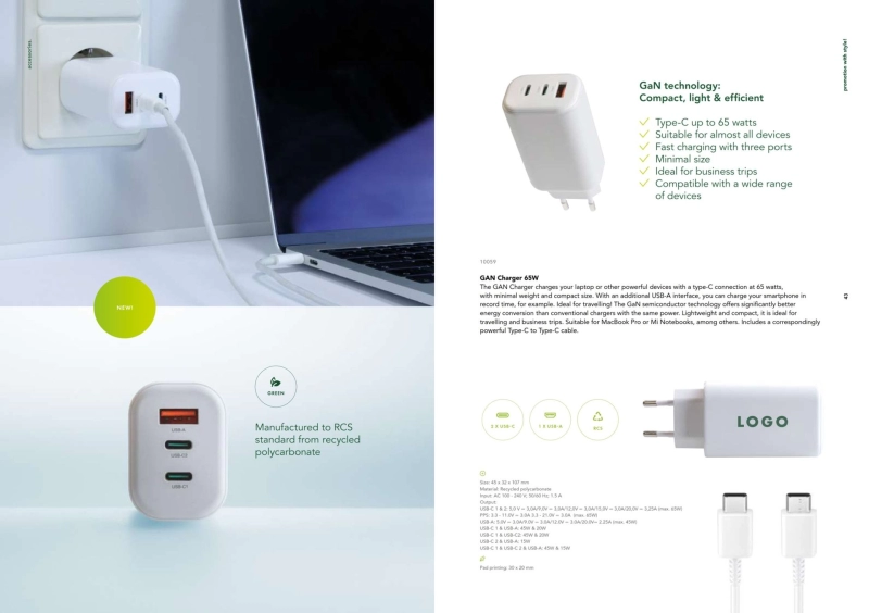 Multipuerto de Carga Rapida x 3, en ABS, para Viajes, 66 x 43.5 x 26.5 mm