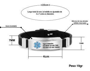 Brazalete Medico, elaborado en Silicona + Metal, con datos del paciente