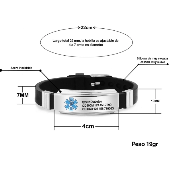 Brazalete Medico, elaborado en Silicona + Metal, con datos del paciente