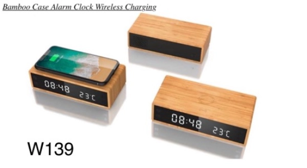 Cargador Inalambrico en Madera, con Reloj Despertador, 160 x 75 x 35 mm