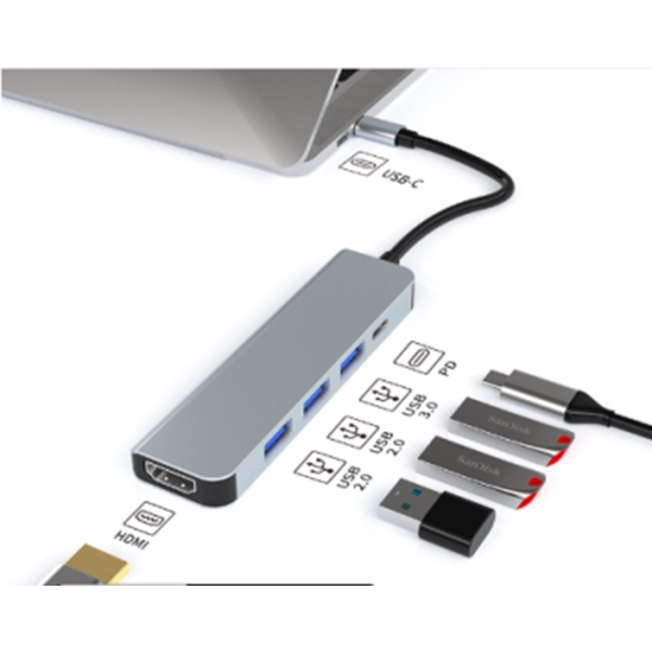 Hub Multipuerto 5 en 1 en aluminio, de 10.5 x 4.1 x 1.6 cmt