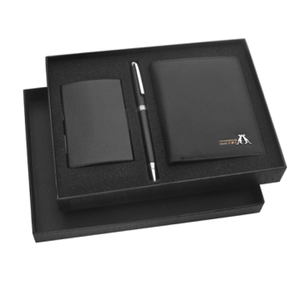 Set de Regalo en Caja, con Portatarjetas, Cubrepasaporte y Boligrafo