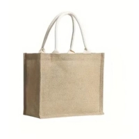 Bolso Amalfi, en Yute, manijas en cuerina, forro interno, de 38 x 36 x 12 cmts