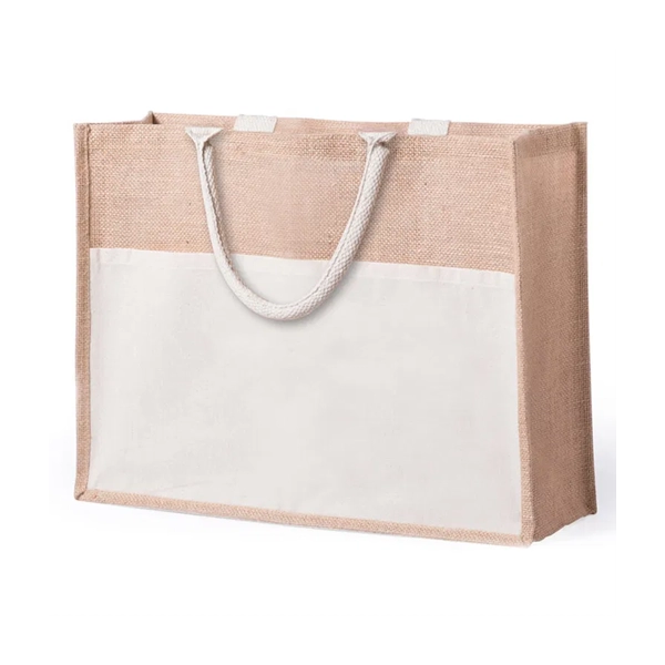 Bolso Summer, en Yute con lona Cruda, 40 x 35 x 10 cmts, bolsillo interno