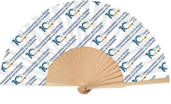 Ventilador o Abanico Manual, manija madera con poliester algodon,  23 x 3.5 cmts