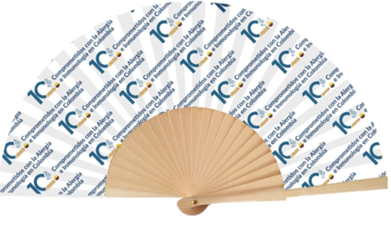 Ventilador o Abanico Manual, manija madera con poliester algodon,  23 x 3.5 cmts