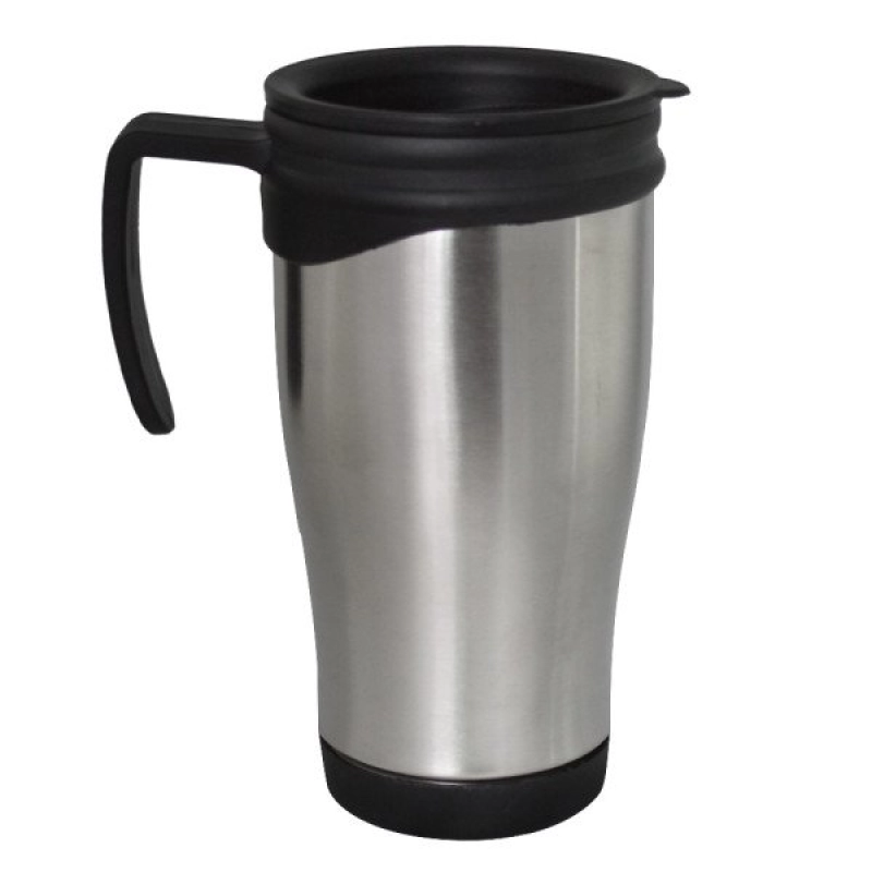 Mug Morning metalico, 15 oz, con oreja y tapa plastica 16.4 x 8.5cmts
