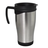 Mug Morning metalico, 15 oz, con oreja y tapa plastica 16.4 x 8.5cmts