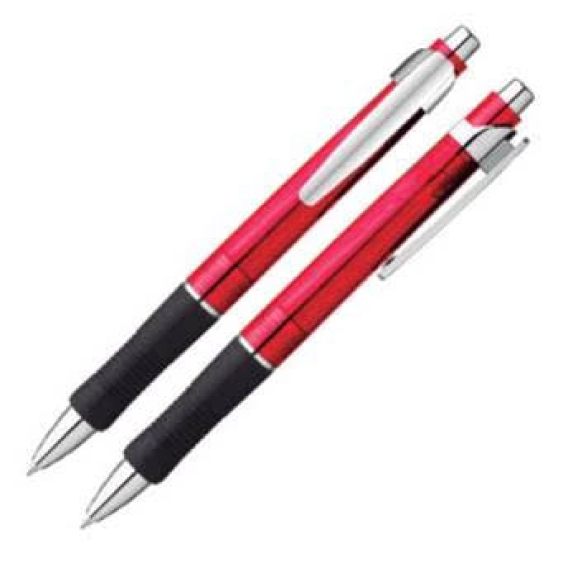 Boligrafo Page, plastico, con rubber negro de agarre y adornos metalizados,