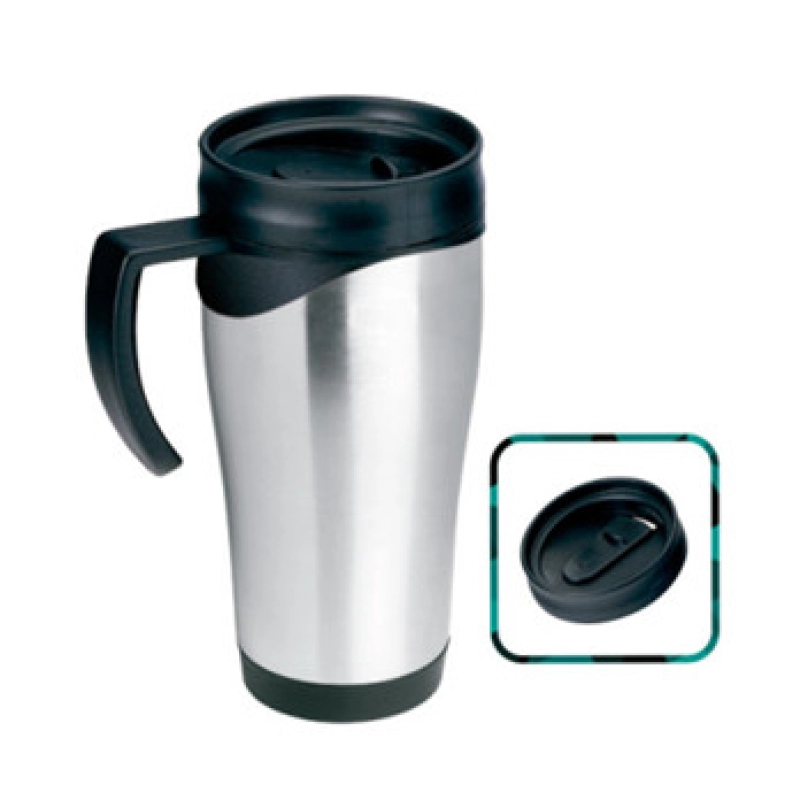 Mug Morning metalico, 15 oz, con oreja y tapa plastica 16.4 x 8.5cmts