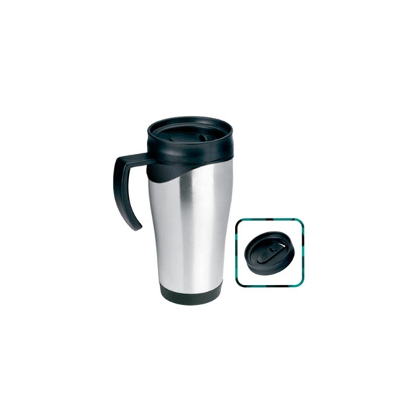 Mug Morning metalico, 15 oz, con oreja y tapa plastica 16.4 x 8.5cmts
